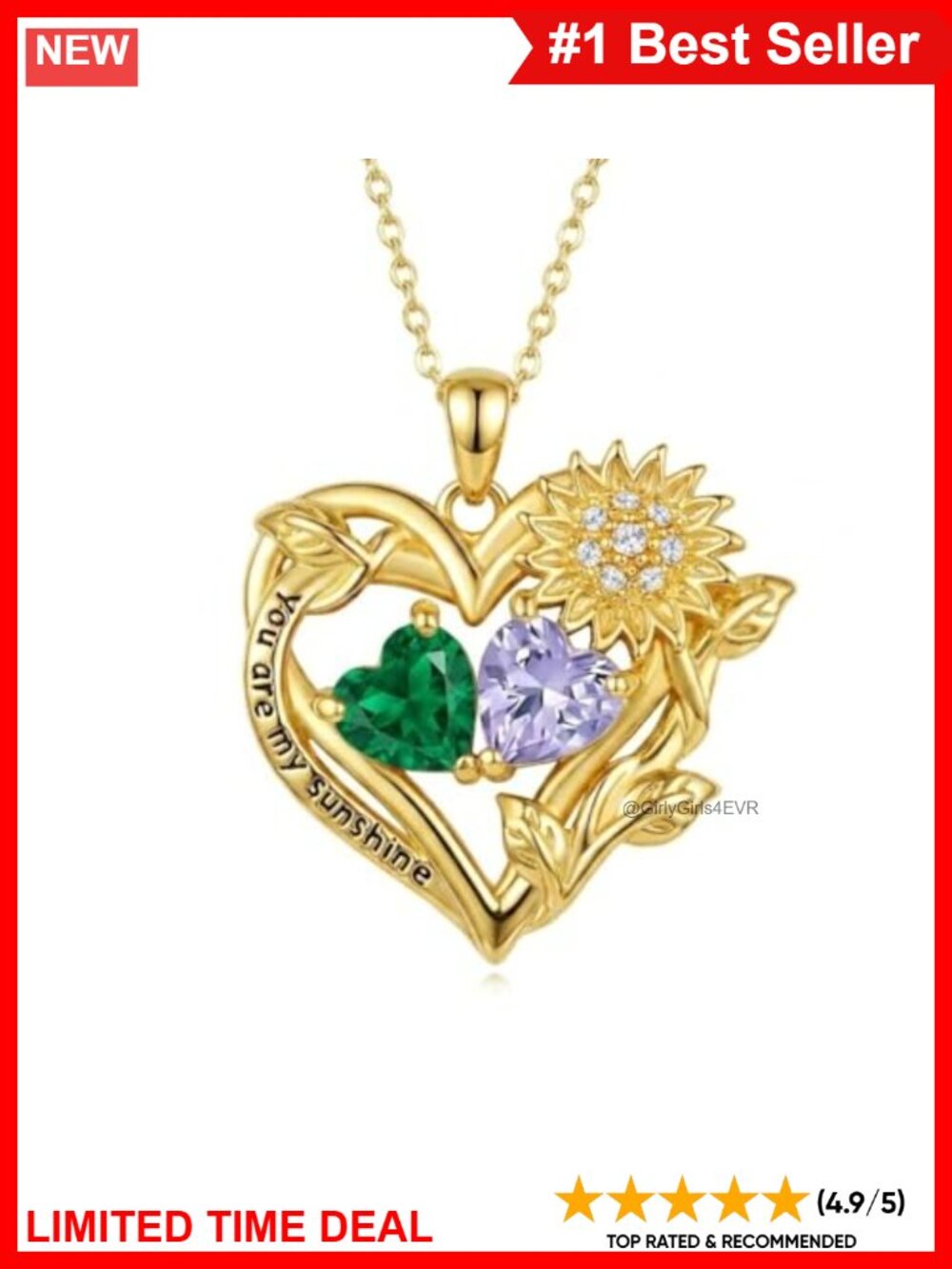 14K Gold Plated Sunflower Two Birthstone Pendant Necklace Heart Gemstone Gift